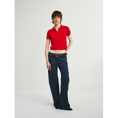 antenna effect秋新款羊毛短袖polo衫翻领拉链针织上衣