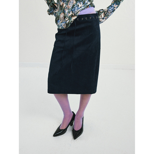 antenna effect秋新款腰间抽绳复古直筒麂皮半裙