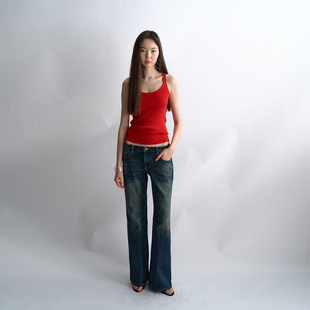 antenna effect春上新复古做旧洗水中低腰修身直筒微喇牛仔裤