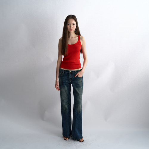 antenna effect春上新复古做旧洗水中低腰修身直筒微喇牛仔裤