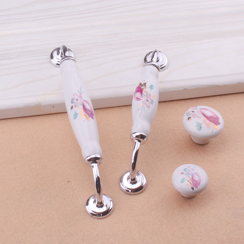 热销欧式田园陶瓷拉手郁金香现代橱柜衣柜门把手抽屉单孔亮铬家具