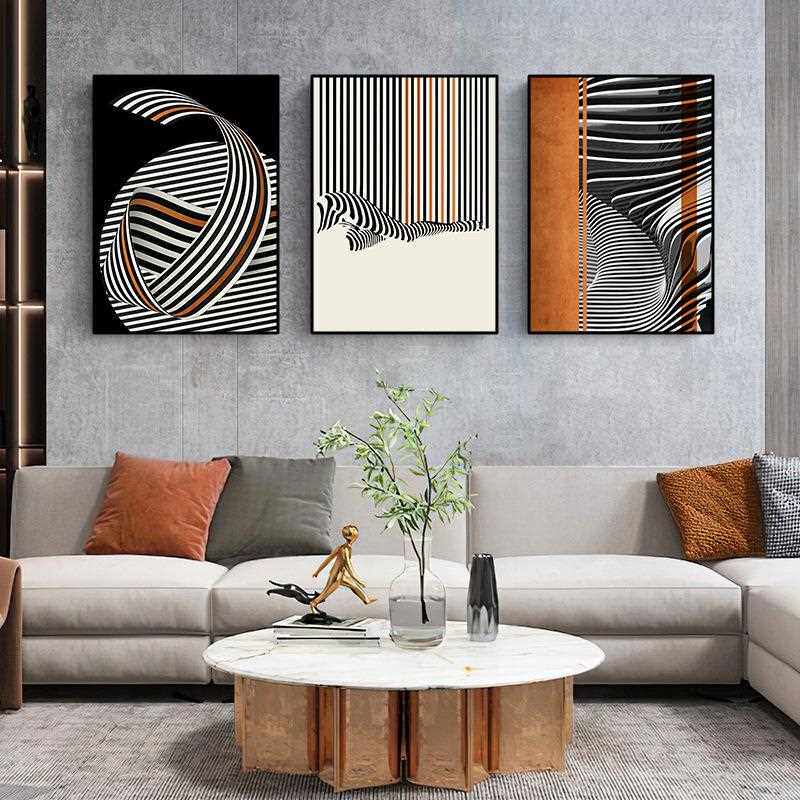 新款直销现代简约客厅装饰画黑白灰抽象线条极简风格挂画橙色餐厅