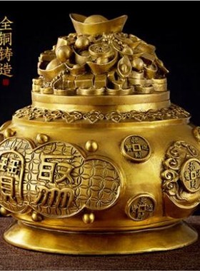 铜聚宝盆纯铜聚宝盆摆件桌面带盖开盖招财聚财五路财神聚宝盆家居