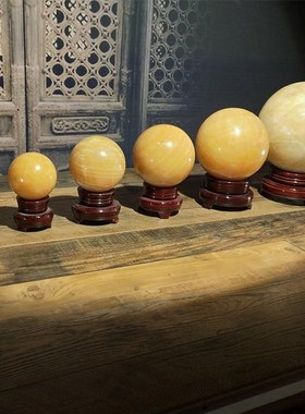 天然黄水晶球摆件家用土黄色玉球原石打磨客厅厨房西北角火烧天门