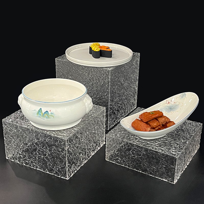 热销亚克力透明蓝灰色盒子底座装饰甜品自助餐明档展示盘支架摆菜