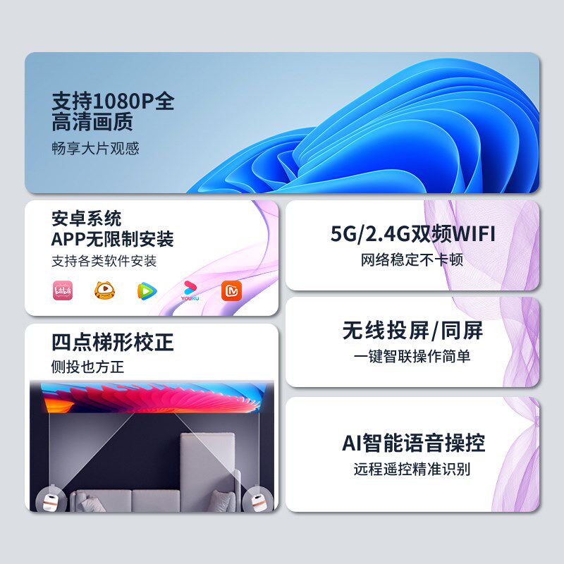热销【千元配置】投影仪家用4K超高清2025新款手机投屏墙投卧室客