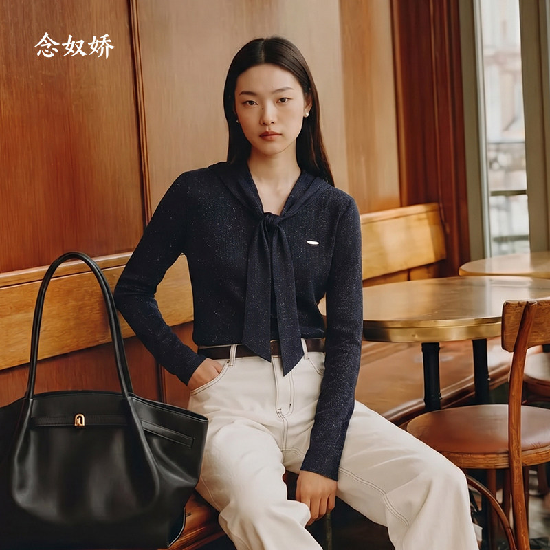 念奴娇套头减压华夫格黑色针织衫女2026秋季新款通勤修身显瘦毛衫