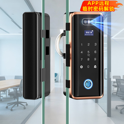 人脸识别玻璃门免开孔智能锁办公室免布线指纹锁无框单双门密码锁