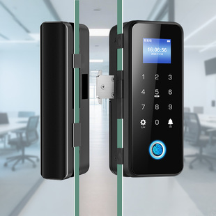 办公门玻璃门带考勤免开孔指纹锁双开门智能门锁办公室电子密码锁