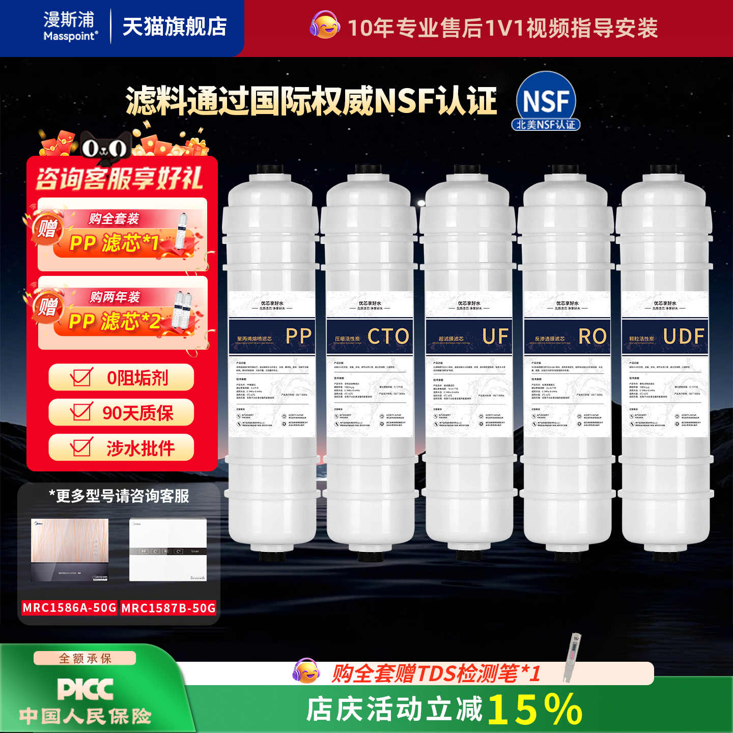 漫斯浦适配美的净水器M6滤芯MRO102A-4/208B/121C/1587B/1686A