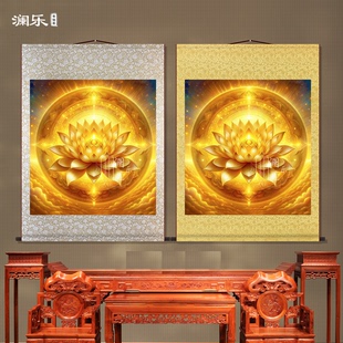 佛像金莲花挂画佛家堂口背景禅意莲花卷轴画禅房寺庙佛堂家装饰画