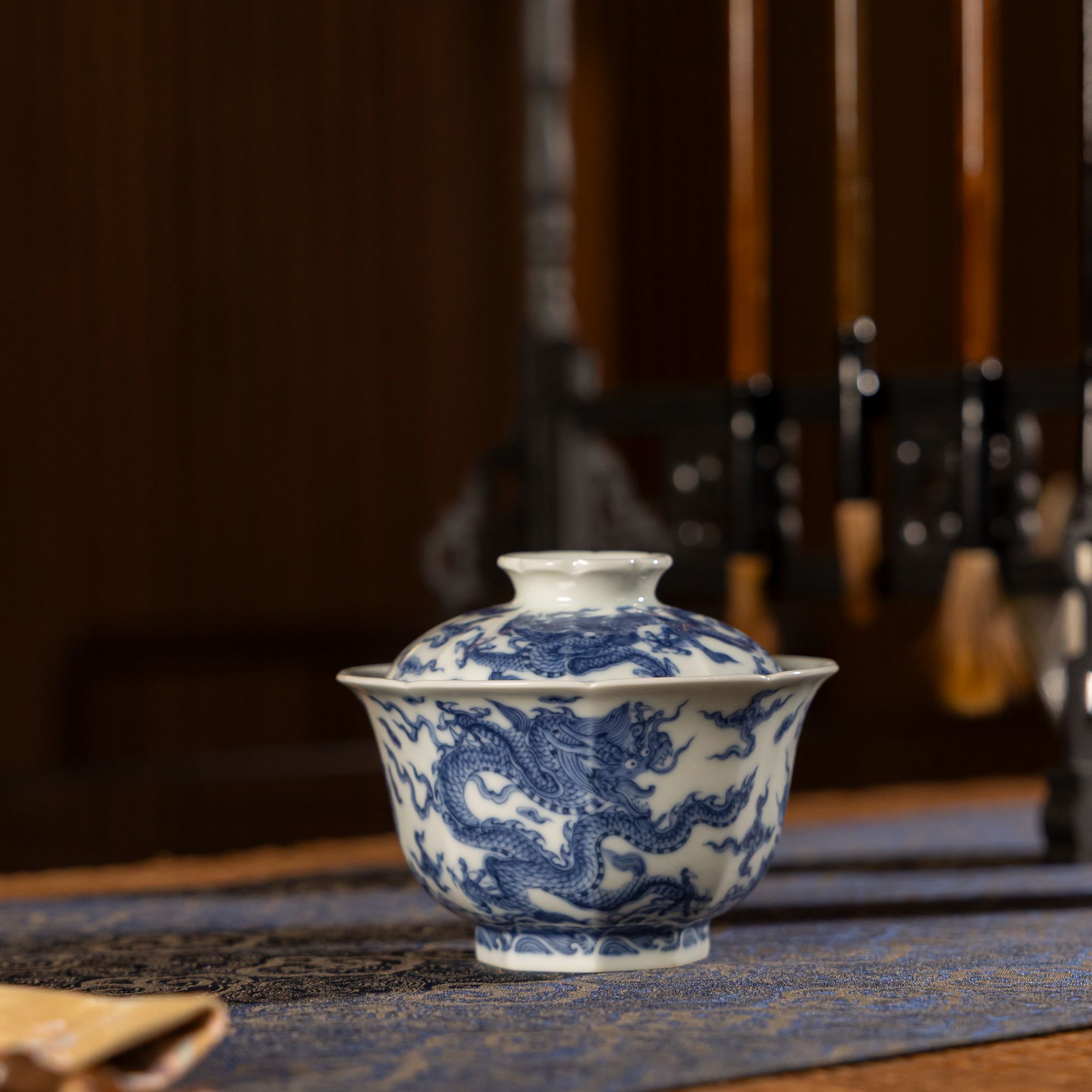 【墨舍名窑】望月怀古九龙花口盖碗wyhg1070