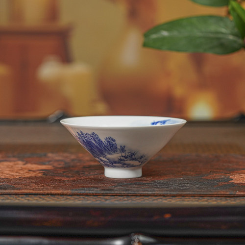 九段烧|妙手青花国画海草斗笠杯景德镇高白泥家用jd564