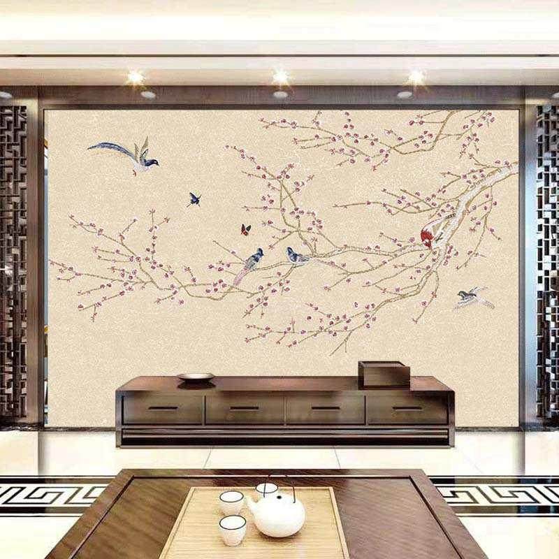 独绣刺绣金丝线花鸟背景无缝壁布家用现代中式客厅电视沙发背景新,家装主材,定制壁画,淘宝优惠券,粉丝福利购,淘宝优惠卷