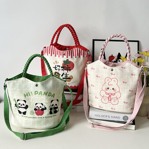 卡通帆布水桶包便携学生手提包韩