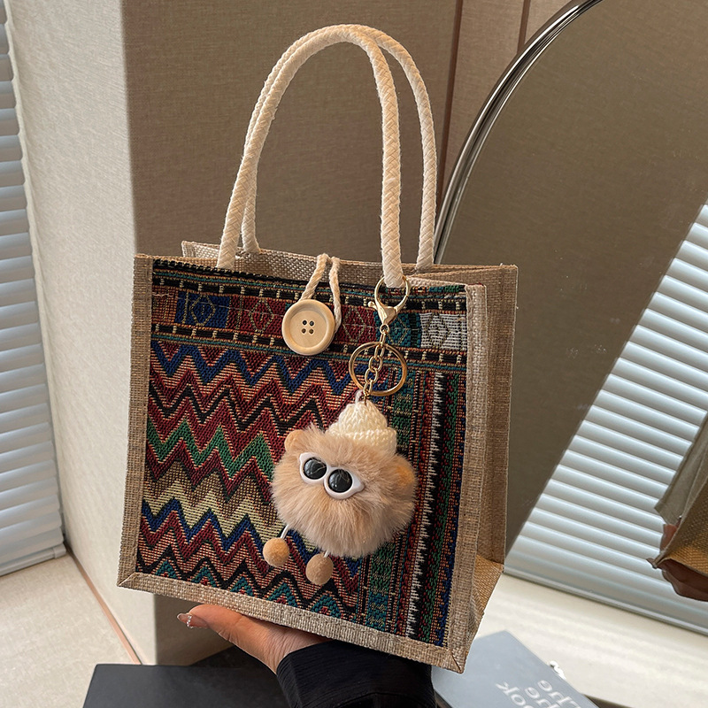 小众夏季新款时尚民族风手提包上班通勤女休闲托特包麻布饭盒袋
