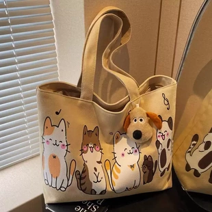 夏季 通勤托特大包大容量旅行单肩手提袋 卡通猫咪帆布包包2025新款