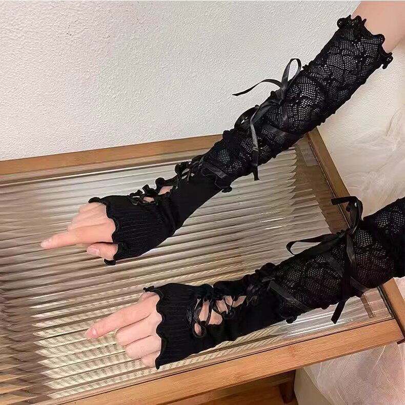 万圣节配饰手套lolita蕾丝长手袖女亚文化半掌芭蕾风绑带袖套y2k