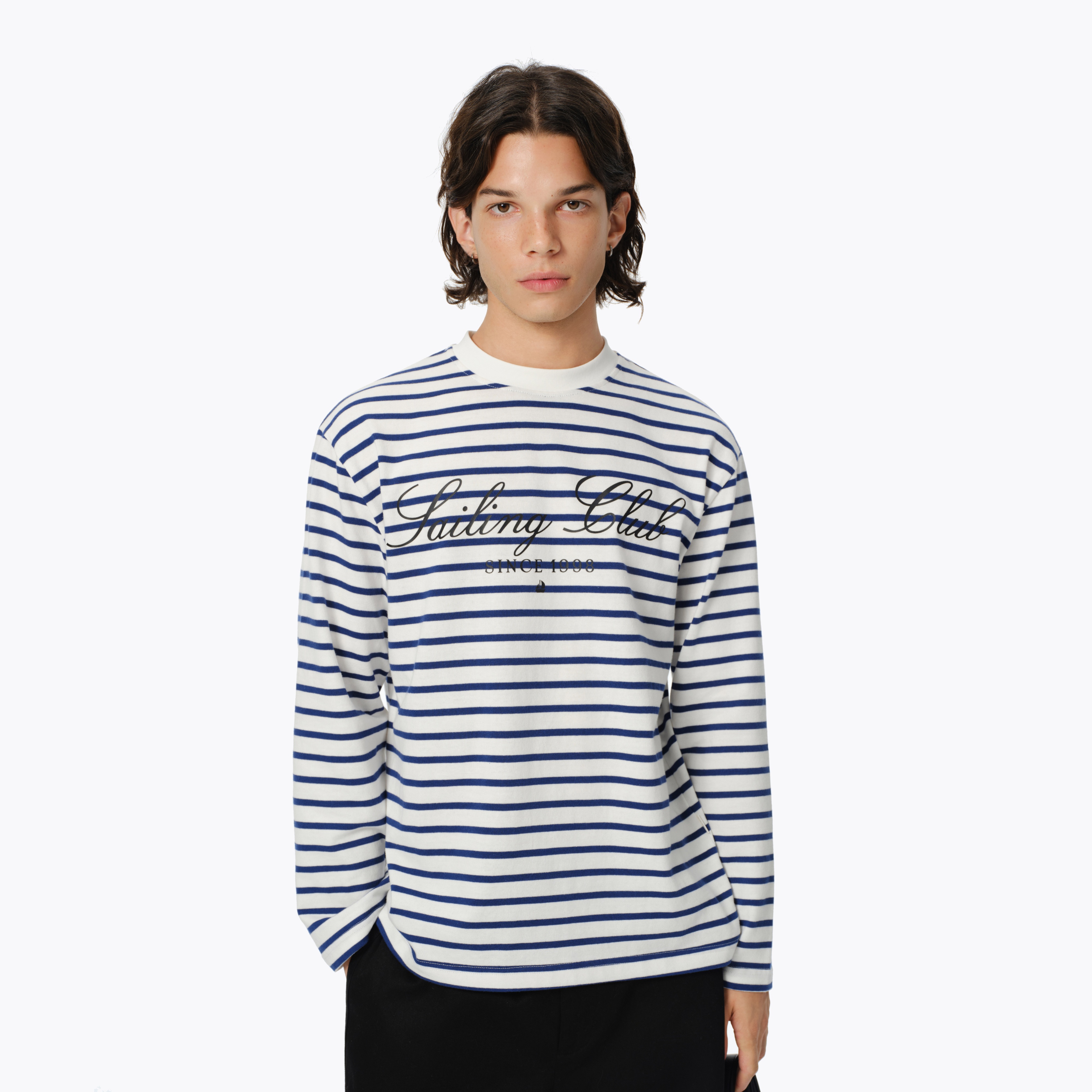 sanse无性别主义上衣经典字母logo印花套头衫条纹美式复古长袖T恤