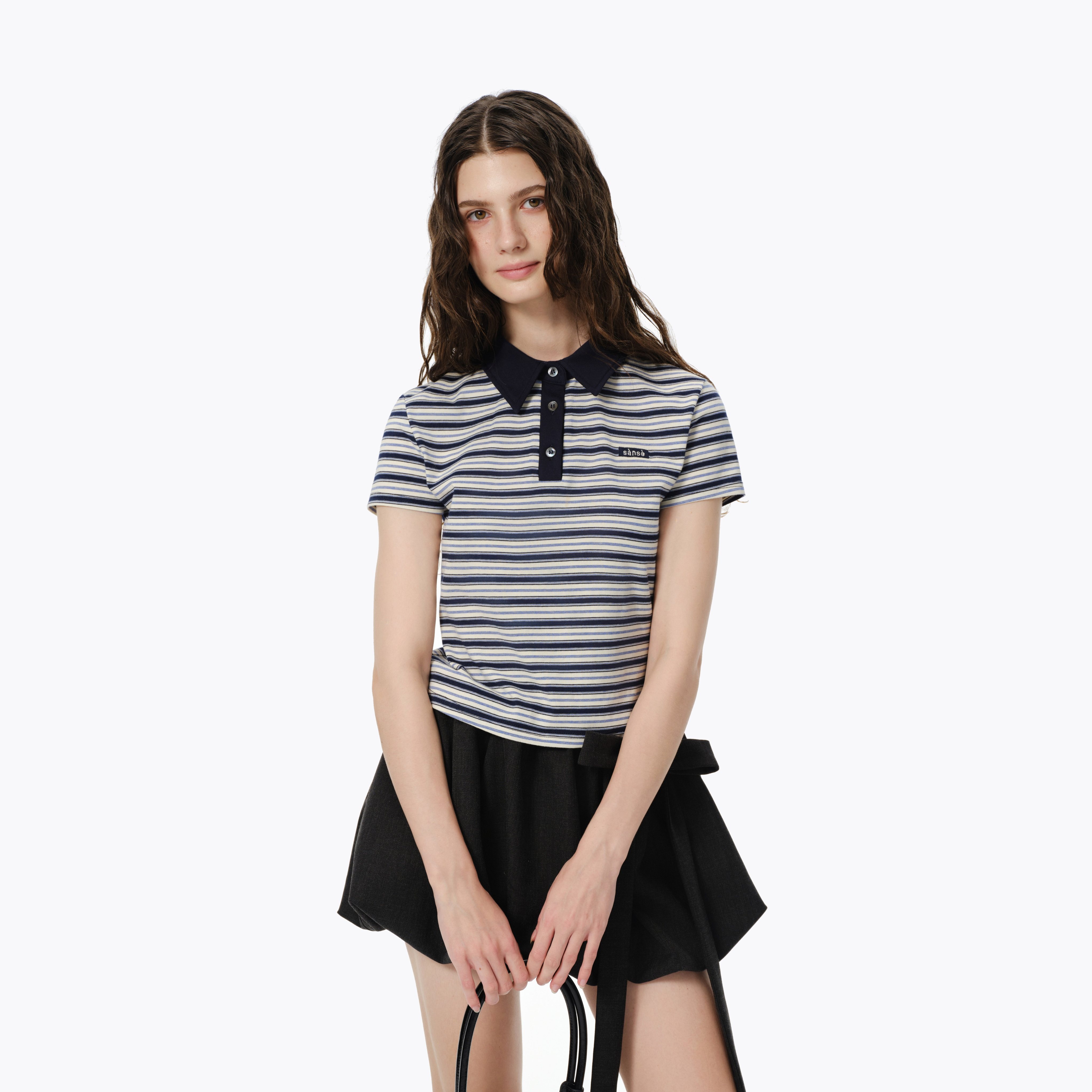sanse 美式复古拼色polo衫条纹小logo原创短款短袖正肩合身T恤女,女装/女士精品,POLO衫,淘宝优惠券,粉丝福利购,淘宝优惠卷