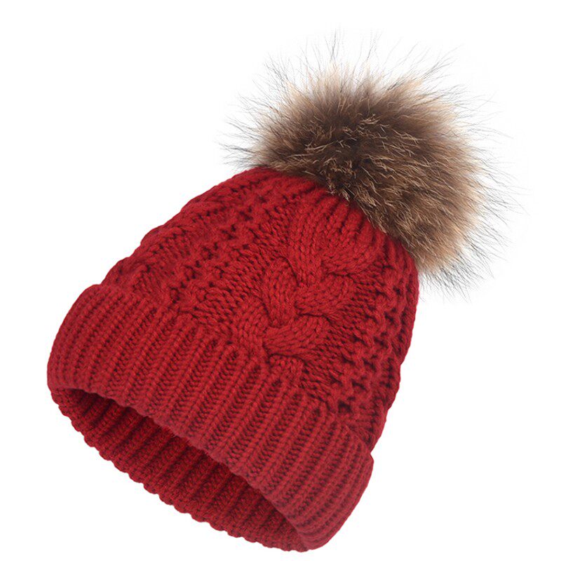 韩版超大真貉子毛球毛线帽螺纹麻花纹双层加绒加厚保暖针织帽子女
