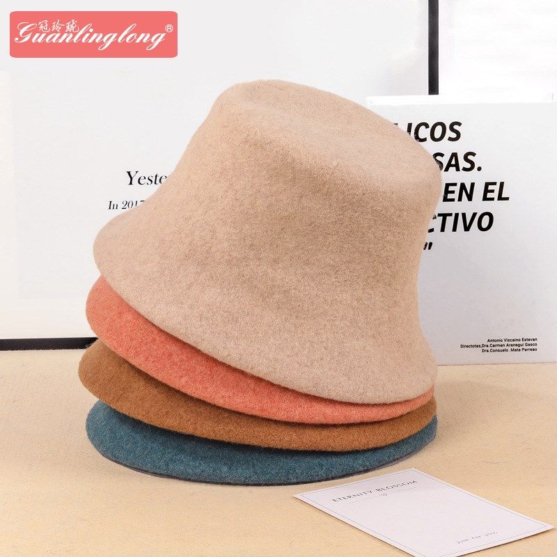 韩国秋冬新款羊毛呢渔夫帽韩版百搭保暖蓝色日系护耳显脸小帽子女