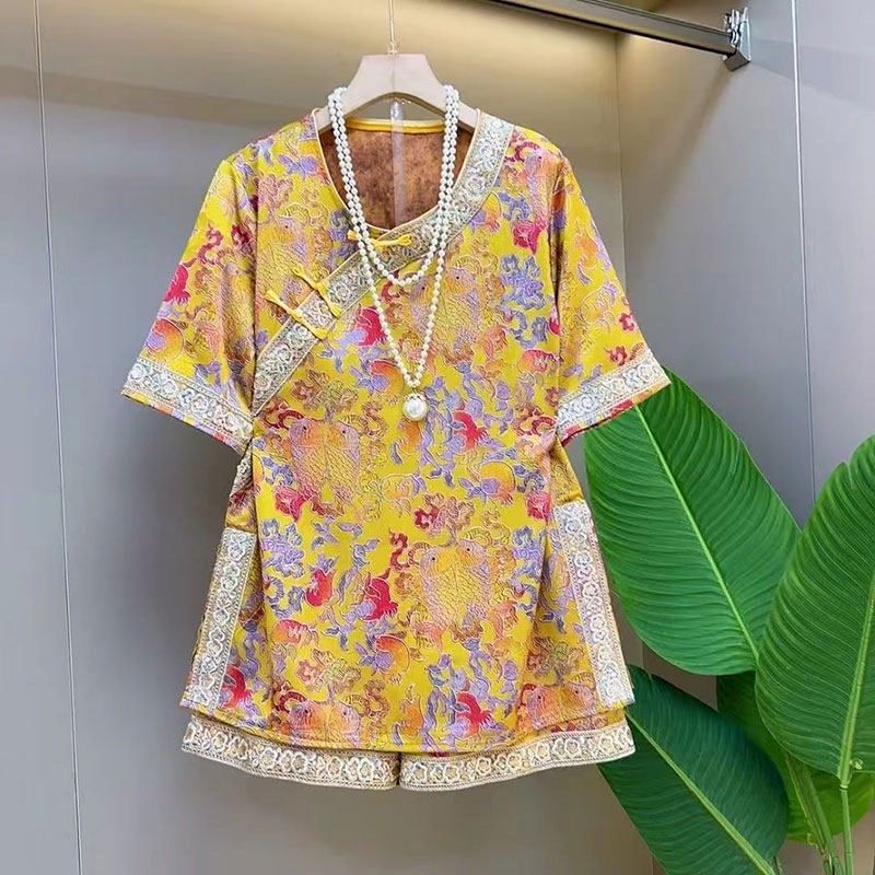 国风胖MM2025开叉半袖上衣女短裤两件套大码女装宽松夏季新款显瘦,女装/女士精品,大码套装,淘宝优惠券,粉丝福利购,淘宝优惠卷