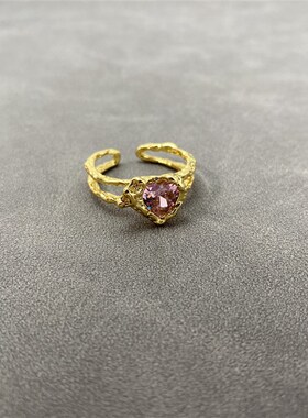 熔岩爱心粉钻戒指女小众设计高级感指环韩国网红轻奢甜美开口戒