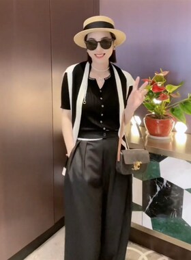 冰丝针织披肩夏女时尚柔软亲肤搭肩旗袍外搭时尚撞色护颈黑白坎肩