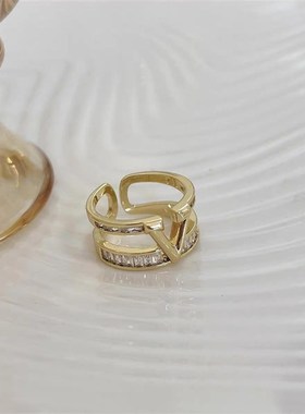 高级双层轻奢V字开口戒指新款锆石个性时尚精致指环法式简约B307