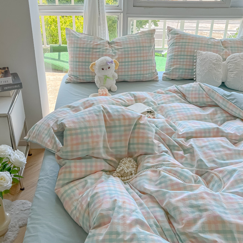 北欧风床单四件套夏季冰丝非w纯棉全棉被套被罩学生宿舍床上三件