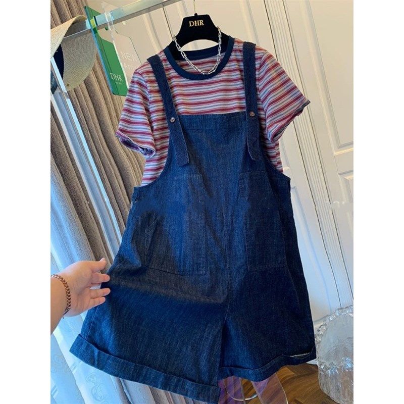 2025夏季宽松洋气条纹短袖T恤上衣牛仔背带休闲裤时尚文艺套装女,女装/女士精品,时尚套装,淘宝优惠券,粉丝福利购,淘宝优惠卷
