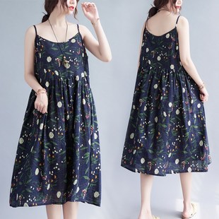 碎花大码 胖M棉麻显肤白休闲吊带连衣裙 裙子A字裙潮 女装 大码