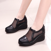 坡跟摇摇底平底单鞋 网纱圆头防水台气质休闲拉链单鞋 四季 新品 凉鞋