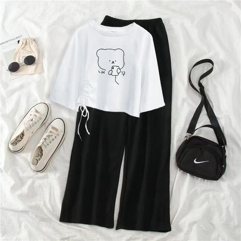 单件/套装夏季新款不规则抽绳短款短袖t恤女宽松休闲阔腿裤两件套,女装/女士精品,时尚套装,淘宝优惠券,粉丝福利购,淘宝优惠卷