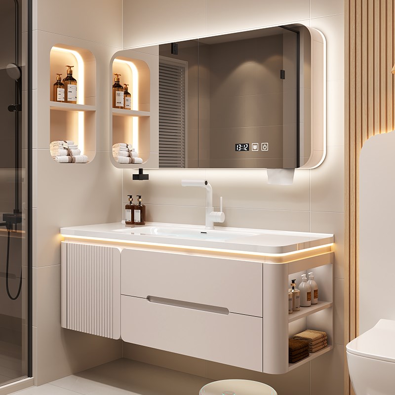 2024新款浴室柜陶瓷一体盆橡木奶油风洗手盆卫生间洗脸盆柜洗漱台