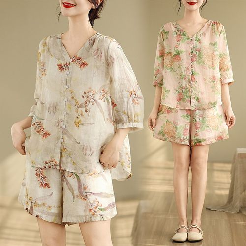 中老年妈妈棉麻五分短袖衬衫短裤套装夏季新款洋派中袖亚麻两件套
