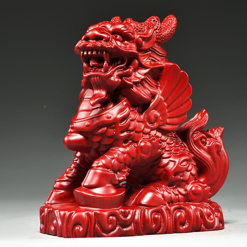 色质雕木电刻麒麟摆件实木一LDS0933对火麒麟客厅视红柜玄关装饰