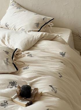 法复古风丨皱皱纱全绑刺绣四件套纯棉式棉床单被套liban少女心带