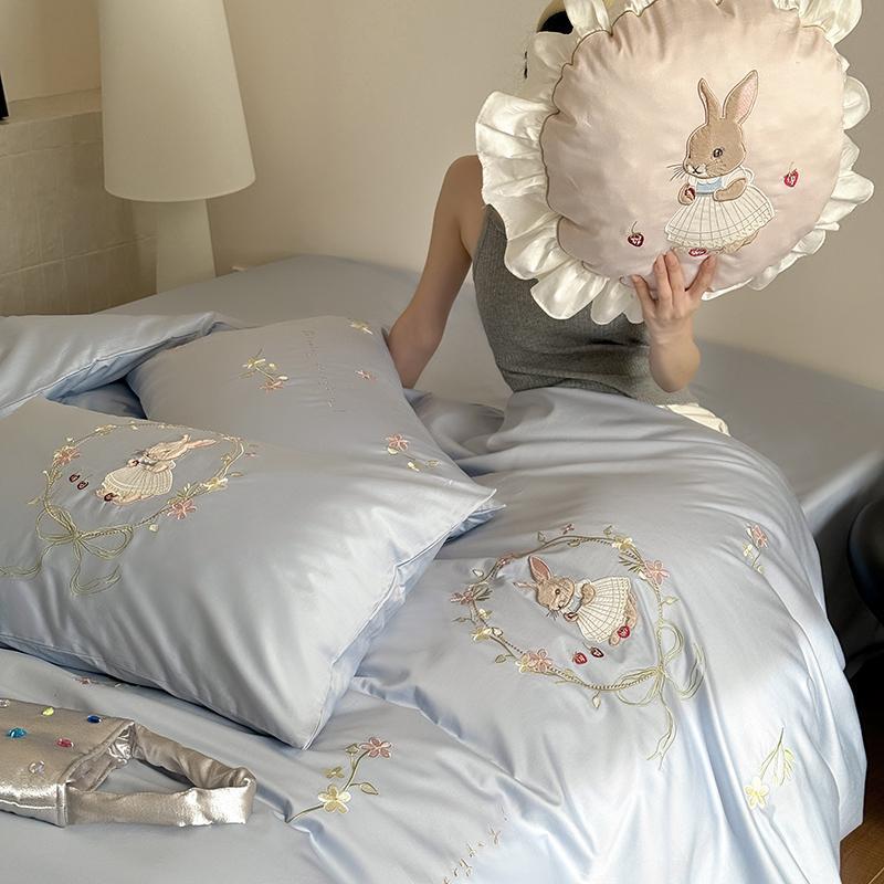 少女心100S长纯绒棉上三四件棉全棉萌兔刺绣被LB-02套床单新款床