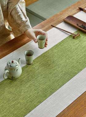 新几中式禅意双层茶20241113席中国风绿色棉麻桌茶桌桌垫旗布防水