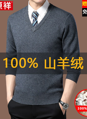 恒源祥高端100%纯羊绒衫男士V领毛衣春秋新款中老年爸爸装羊毛衫