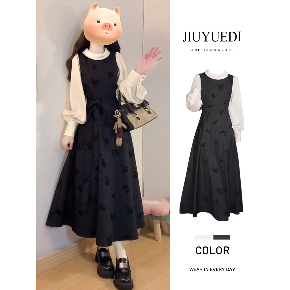 JIUYUEDI九月底赫本风黑白拼接假两件连衣裙女秋冬季收腰显瘦长裙