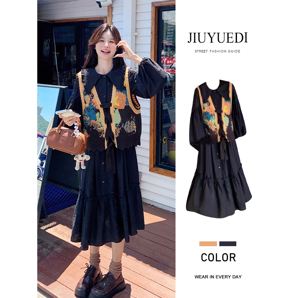 复古提花针织马甲衬衫连衣裙套装