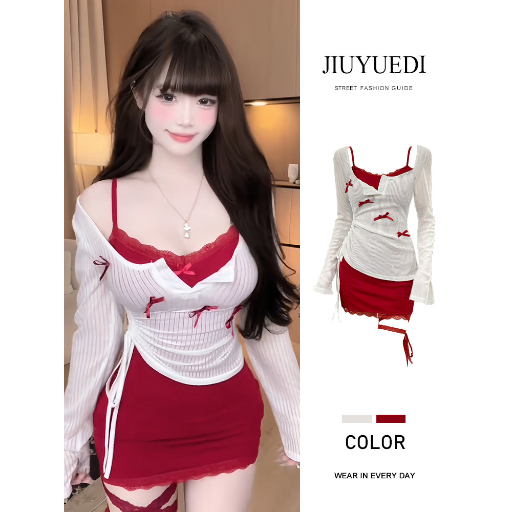 JIUYUEDI九月底美式辣妹风罩衫长袖t恤红色吊带短裙早秋薄款套装,女装/女士精品,时尚套装,淘宝优惠券,粉丝福利购,淘宝优惠卷