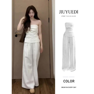 夏季 JIUYUEDI九月底辣妹风褶皱露肩抹胸上衣宽松直筒休闲裤 两件套