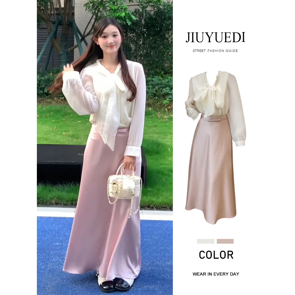 JIUYUEDI九月底韩系白色蝴蝶结衬衫粉色半身裙女秋季温柔减龄套装
