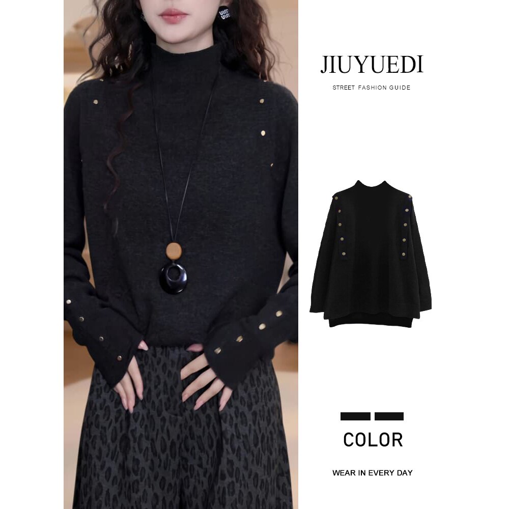 黑色高领金属扣装饰针织衫毛衣