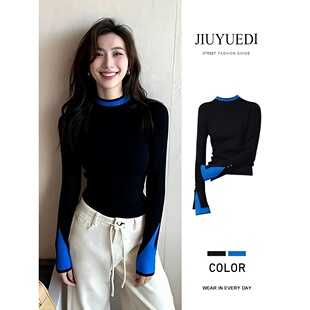 JIUYUEDI九月底韩版黑蓝撞色长袖针织衫女新款修身显瘦打底衫上衣