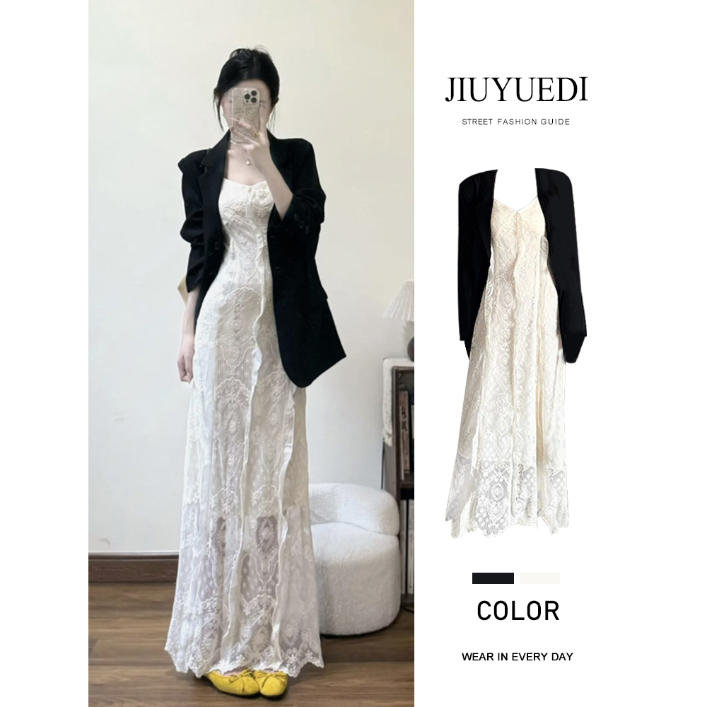 JIUYUEDI九月底法式蕾丝拼接吊带连衣裙西装外套女秋季高级感套装